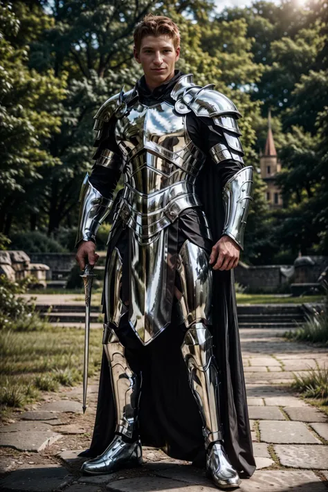 in a pasture, Tolkien style castle in the background, ((cf_josh)), ((ginger hair)), slight smile, chr0me4rmor, wearing chrome paladin armor, holding flaming sword, dynamic pose, cape, fighting stance, realistic,  intricate details, detailed background, depth of field, masterpiece, (((full body portrait))), ((full body)), wide angle, longshot, highly detailed, (high skin detail), (high face detail), ((photorealistic)), <lora:CF_JOSH:1>   <lora:Clothing - Chrome Armor:0.7>