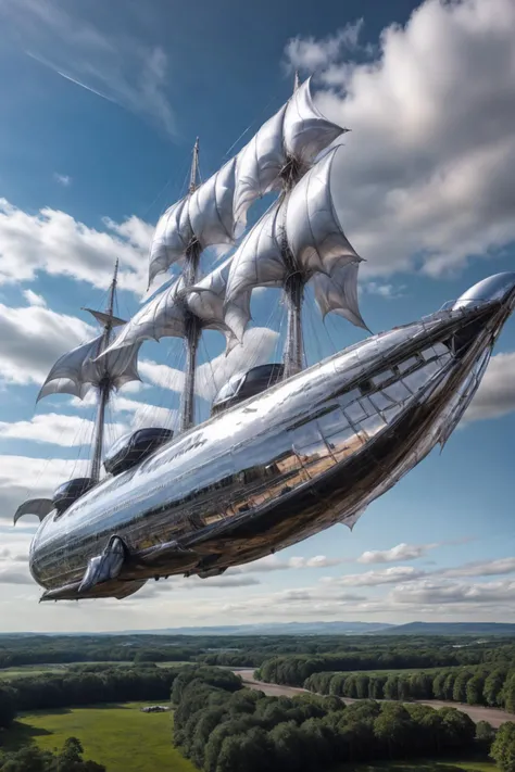 chr0me4rmor, photo of a chrome fantasy airship in the sky, (from side:1.2)