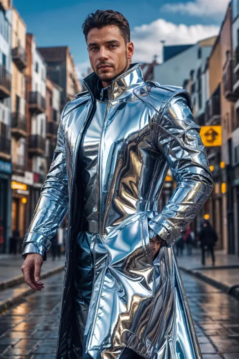 chr0me4rmor, photo of a (Spanish man), wearing chrome coat, fantasy scifi city background, street, dynamic pose, realistic, masterpiece, intricate details, detailed background, depth of field,