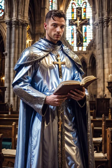 A virile church pastor reading a golden bible in front of a church window with stained glass, the pastor wears white Tommy Hilfiger underwear, he has short black hair and a short beard, the shepherd has hairy legs and thighs and a thin abdomen, wearing a shepherd's cassock, looking at the camera, orgasm face.