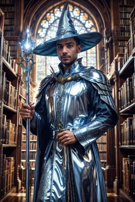 chr0me4rmor, photo of a (Kuwaiti man), wearing chrome wizard robe, fantasy medieval scifi background, holding staff, library, witch hat, realistic, masterpiece, intricate details, detailed background, depth of field,