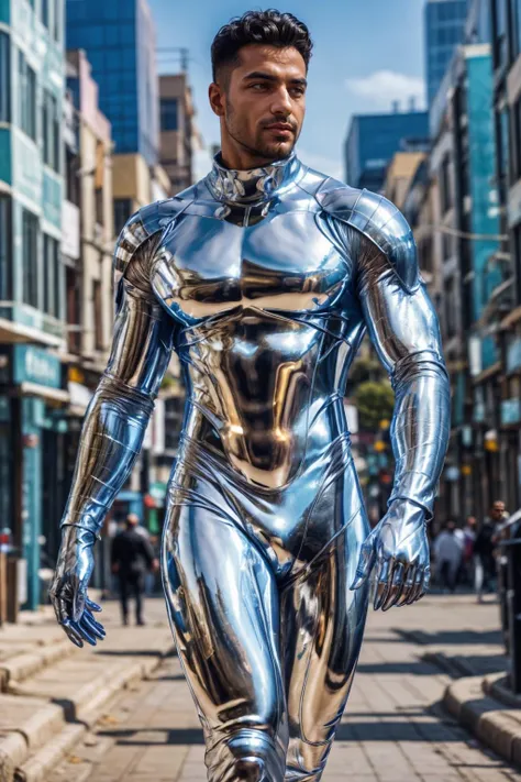 chr0me4rmor, photo of a (Iranian man), wearing chrome bodysuit, fantasy scifi background, city, street, dynamic pose, realistic, masterpiece, intricate details, detailed background, depth of field,