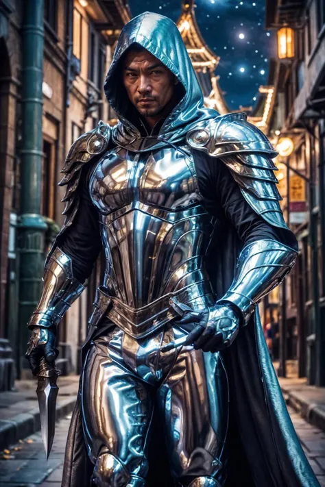 chr0me4rmor, photo of a (Mongolian man), wearing chrome rogue armor, fantasy medieval scifi background, holding daggers, street, (night), hood, cloak, realistic, masterpiece, intricate details, detailed background, depth of field,