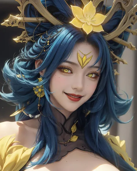 woman, upper body, blue hair, yellow eyes, large breasts, hair ornament,smile, <lora:phantyliaV2:0.8>,