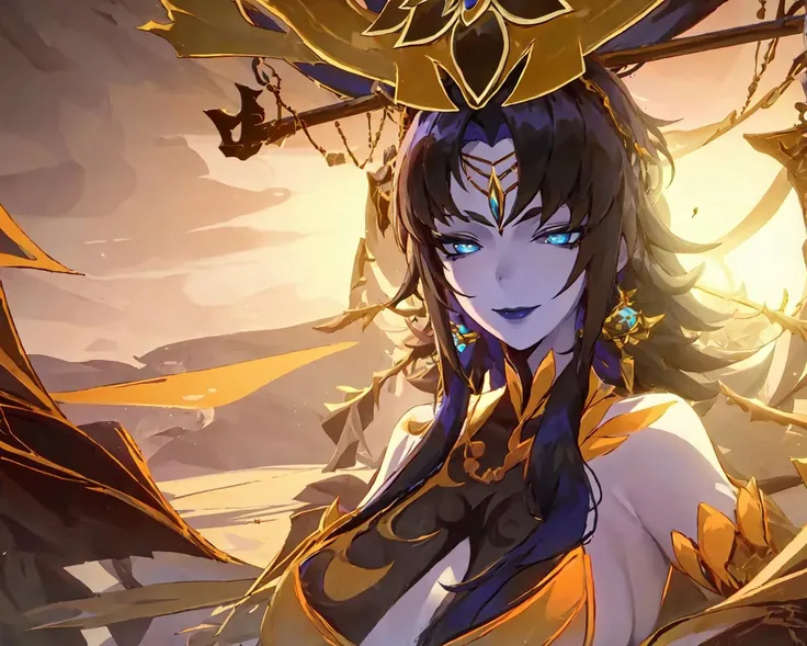 1girl, upper body, ,blue skin, black hair, blue eyes, large breasts, hair ornament,scream, <lora:phantyliaV2:0.8>,