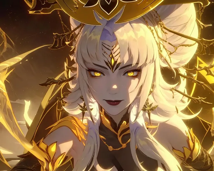 highly detailed face, best quality, intricate details, highly detailed,1girl, yellow eyes, blonde hair, sitting, large breasts, malicious smile, arms behind back, nature, hair ornament, <lora:phantylia:0.8>, upper body