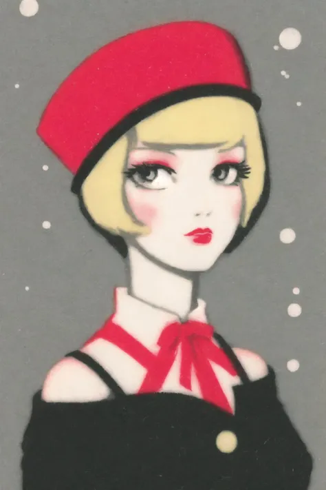 <lora:soviet_matchbox_art_text_free_v2:1.0> , soviet_matchbox_art, stamp,  halftone, 1girl, backlighting, blonde hair, cravat, expressionless, eyelashes, grey background, hat, hat ribbon, light particles, lips, mob cap, portrait, red eyes, ribbon, short hair, side ponytail, simple background, slit pupils, solo