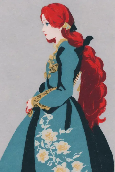<lora:soviet_matchbox_art_text_free_v2:1.0> , soviet_matchbox_art, stamp, halftone, blue eyes, braid, china dress, chinese clothes, long hair, open clothes, red hair, redhead, solo, twin braids, zoom layer