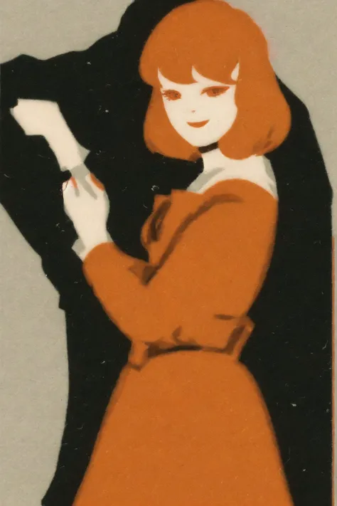 <lora:soviet_matchbox_art_text_free_v2:1.0> , soviet_matchbox_art, stamp, halftone, character name, dress, orange hair, red eyes, short hair, smile