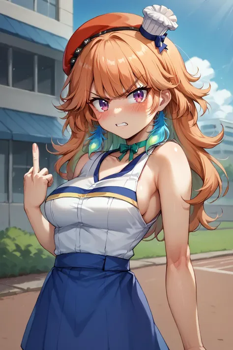 score_9, score_8_up, source_anime, 1girl, solo, crowded park, BREAK KiaraBase, long hair, feather earrings, orange beret, mini chef hat, ribbon choker, medium breasts, HaruCheerUniform, sleeveless, blue skirt, BREAK angry, blushing, middle finger <lora:ChamTakanashiKiaraPonyXL:1> <lora:ChamHaruCheerUniformPonyXL:1>
