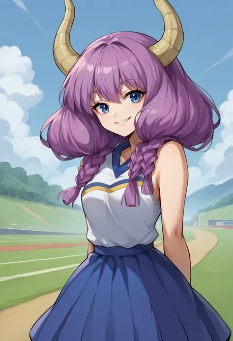 score_9, score_8_up, source_anime, 1girl, solo, AuraFrieren, purple hair, blue eyes, horns, long hair, twin braids, HaruCheerUniform, sleeveless, blue skirt, smile, outdoors, <lora:ChamHaruCheerUniformPonyXL:1>, <lora:ChamAuraPonyXL:1>