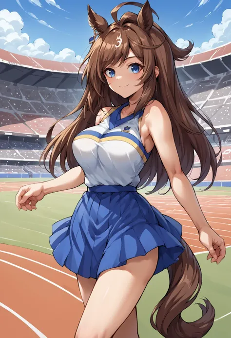 score_9, score_8_up, score_7_up, score_6_up, score_5_up, score_4_up, BREAK source_anime,
masterpiece, best quality, ultra detailed, perfect face, detailed face, detailed background, complex background,
HaruCheerUniform, sleeveless, blue skirt, stadium, crowd,
duramente, long hair, brown hair, smile, blue eyes, ahoge, animal ears, ear ornament, horse girl, (horse tail:1.2), (tail:1.2), large breast, <lora:umamusume_duramente_ponyXL:0.8> <lora:ChamHaruCheerUniformPonyXL:1>