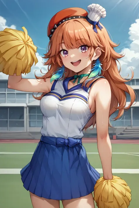 score_9, score_8_up, source_anime, 1girl, solo, crowded park, BREAK KiaraBase, long hair, feather earrings, orange beret, mini chef hat, ribbon choker, medium breasts, HaruCheerUniform, sleeveless, blue skirt, BREAK  smiling, cheering, pom poms <lora:ChamTakanashiKiaraPonyXL:1> <lora:ChamHaruCheerUniformPonyXL:1>