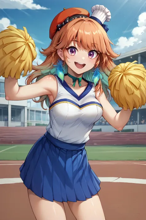 score_9, score_8_up, source_anime, 1girl, solo, crowded park, BREAK KiaraBase, long hair, feather earrings, orange beret, mini chef hat, ribbon choker, medium breasts, HaruCheerUniform, sleeveless, blue skirt, BREAK  jumping, smiling, cheering, pom poms <lora:ChamTakanashiKiaraPonyXL:1> <lora:ChamHaruCheerUniformPonyXL:1>