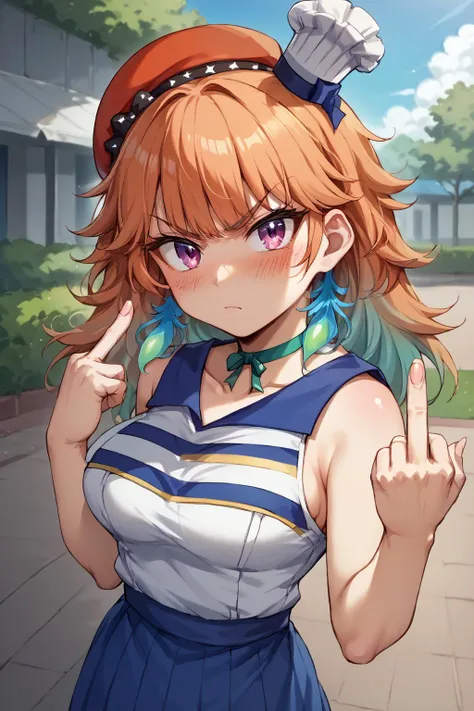 score_9, score_8_up, source_anime, 1girl, solo, crowded park, BREAK KiaraBase, long hair, feather earrings, orange beret, (mini chef hat), ribbon choker, medium breasts, HaruCheerUniform, sleeveless, blue skirt, BREAK angry, blushing, middle finger, looking at viewer <lora:ChamTakanashiKiaraPonyXL:1> <lora:ChamHaruCheerUniformPonyXL:1>