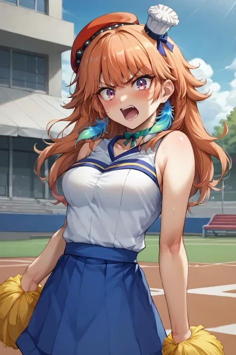 score_9, score_8_up, source_anime, 1girl, solo, crowded park, BREAK KiaraBase, long hair, feather earrings, orange beret, mini chef hat, ribbon choker, medium breasts, HaruCheerUniform, sleeveless, blue skirt, BREAK angry, blushing, pom poms, looking at viewer, screaming, spit <lora:ChamTakanashiKiaraPonyXL:1> <lora:ChamHaruCheerUniformPonyXL:1>