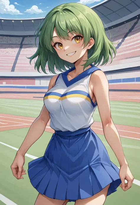 score_9, score_8_up, source_anime, 1girl, solo, green hair, yellow eyes, medium hair, medium breasts, HaruCheerUniform, sleeveless, blue skirt, smile, stadium, <lora:ChamHaruCheerUniformPonyXL:1>