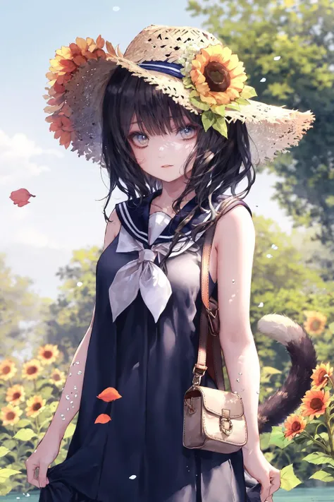 1girl, solo, dress, hat, animal ears, flower, tail, hat flower, sailor dress, sleeveless dress, sleeveless, bangs, sunflower, animal ear fluff, day, hair between eyes, sailor collar, outdoors, parted lips, shoulder bag, rose, white flower, yellow flower, collarbone, depth of field, blue dress, standing, blush, bag, brown eyes, red flower, blue sky, black hair, ears through headwear, looking at viewer, petals, hand up, blurry, water, blue sailor collar, neckerchief, blurry foreground, sky, bare shoulders, cloud, straw hat, blue flower, grey eyes, white dress, grey hair, black sailor collar, sun hat, skirt hold, pink flower<lora:CuteGothicFashion_2:1>