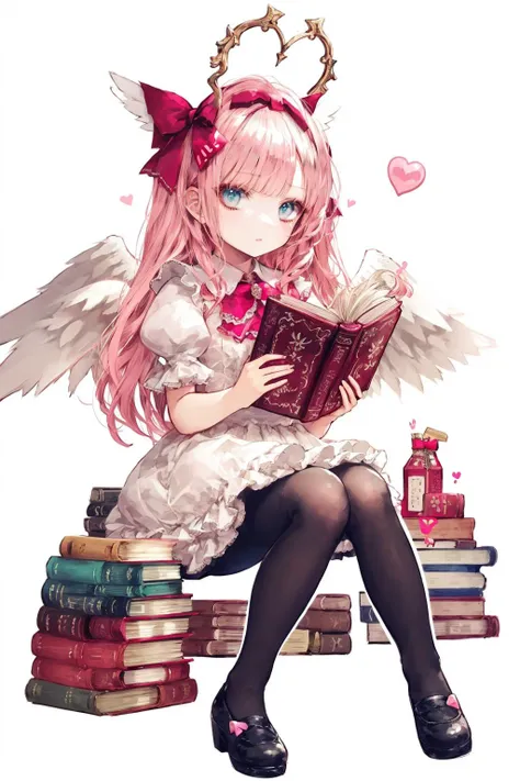 1girl, solo, book, book stack, bow, long hair, pantyhose, wings, heart, puffy sleeves, short sleeves, puffy short sleeves, hair bow, bangs, feathered wings, sitting, halo, open book, white wings, pink hair, dress, blush, shoes, shirt, pink bow, black bow, pink dress, white shirt, black pantyhose, holding, very long hair, bird, full body, closed mouth, holding book, blue eyes, frills, collared shirt, white background, angel, red footwear, looking at viewer, frilled dress, angel wings, pink footwear, red bow, petticoat<lora:CuteGothicFashion_2:1>