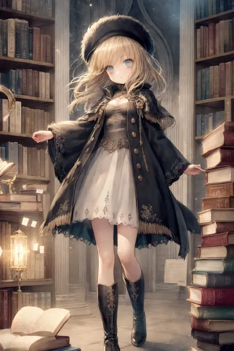 masterpiece, best quality, masterpiece,best quality,watercolor-painting,watercolor-paper,2020s_(style),extremely detailed CG unity 8k wallpaper,ultra-detailed, best illustration, detailed light, over exposure,an extremely delicate and beautiful,solo,1 girl close up,a girl looking at viewer,shiny,beautiful detailed eyes,round eyes,messy floating hair, small breasts,Shiny-messy-hair, extremely detailed background,depth of field,dynamic composition,cinematic-lighting,ink painting-background, fantasy,in-the-library,magic circle,bookshelfs,many books,long coat with fringe,European,scolar,-yeld,blarobe with embroidery,hat with embroidery,boots,long skirt,gorgeous fringe,thin-metal-decorations,antique,blonde-hair,daytime,vintage color,french braid,magic books,tower of books,floating many books,clock,long hair,detailed clothes,100-layer-dress, parted bangs, <lora:CuteGothicFashion1.1:1>