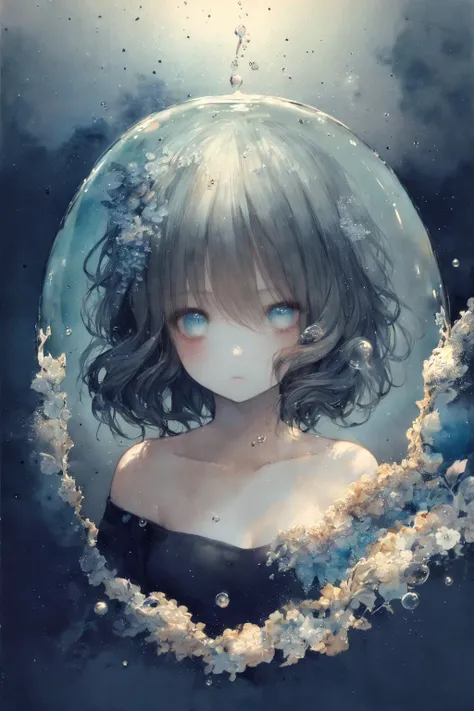 (masterpiece:1.1, highres:1.4) , 1 girl, watercolor style, (soft blending:1.2) , fluid colors, dreamy washes, delicate textures, organic shapes, atmospheric depth, bubble, limited color, <lora:CuteGothicFashion1.1:1>