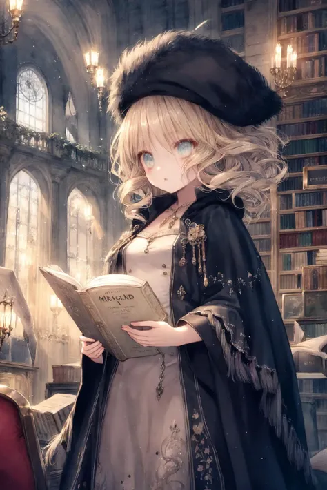 masterpiece, best quality, masterpiece,best quality,watercolor-painting,watercolor-paper,2020s_(style),extremely detailed CG unity 8k wallpaper,ultra-detailed, best illustration, detailed light, over exposure,an extremely delicate and beautiful,solo,1 girl close up,a girl looking at viewer,shiny,beautiful detailed eyes,round eyes,messy floating hair, small breasts,Shiny-messy-hair, extremely detailed background,depth of field,dynamic composition,cinematic-lighting,ink painting-background, fantasy,in-the-library,magic circle,bookshelfs,many books,long coat with fringe,European,scolar,10-years-old,black robe with embroidery,hat with embroidery,boots,long skirt,gorgeous fringe,thin-metal-decorations,antique,blonde-hair,daytime,vintage color,french braid,magic books,tower of books,floating many books,clock,long hair,detailed clothes,100-layer-dress, parted bangs, <lora:CuteGothicFashion1.1:1>