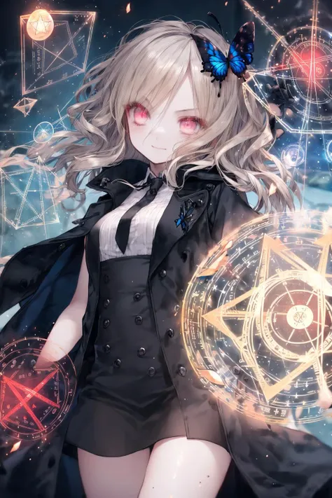 masterpiece, (best quality:1.1), (1girl), solo, cowboy shot, (finely detailed eyes and detailed face:1.3), (illustration:1.1), field of depth, (extremely fine and beautiful:1.1), (black trench coat + beautiful detailed black vest + white shirt:1.1 + black tie + black skirt + black flower on head + black gloves), (white_hair + medium_hair + wavy_hair), (red eyes:1.1),small_medium breasts, eyelashes, , pale skin, evil smile, beautiful detailed fallen small city + detailed ruin, many object, beautiful and clear background:1.2, renegade, evil, ((Red butterflies flying|around the character:1.3 + red light particles:1.15), ((perfect magic circle:1.3)), many object<lora:CuteGothicFashion1.1:1>