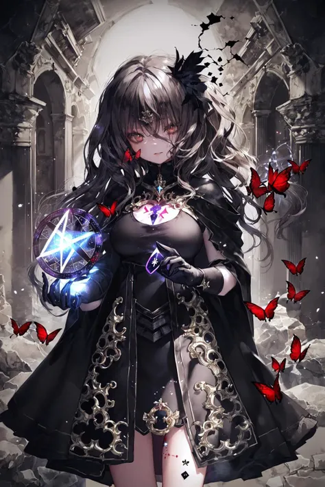 masterpiece, (best quality:1.1), (1girl), solo, cowboy shot, (finely detailed eyes and detailed face:1.3), (illustration:1.1), field of depth, (extremely fine and beautiful:1.1), (black trench coat + beautiful detailed black vest + white shirt:1.1 + black tie + black skirt + black flower on head + black gloves), (white_hair + medium_hair + wavy_hair), (red eyes:1.1),small_medium breasts, eyelashes, , pale skin, evil smile, beautiful detailed fallen small city + detailed ruin, many object, beautiful and clear background:1.2, renegade, evil, ((Red butterflies flying|around the character:1.3 + red light particles:1.15), ((perfect magic circle:1.3)), many object <lora:CuteGothicFashion_2:1>