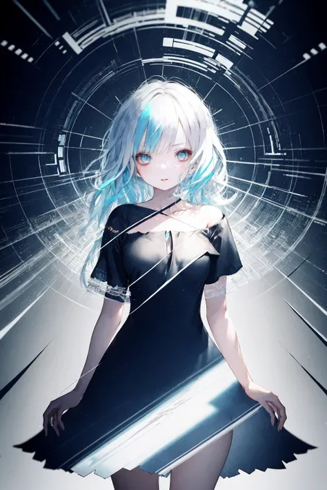 masterpiece, hyper detailed, best quality, extreme detailed, illustration, Delicate Composition, cowboy shot,
fussion of abstract and glitch art, (dynamic angle:1.1), 1 girl, (head tilt:0.6),solo, iridescent hair, flat chest, (blouse:1.0), (double exposure:1.0), glitch hair, fussion of glitch and hair,
simple background, light background, <lora:CuteGothicFashion_2:1>