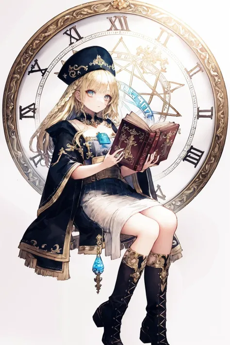 masterpiece, best quality, masterpiece,best quality,watercolor-painting,watercolor-paper,2020s_(style),extremely detailed CG unity 8k wallpaper,ultra-detailed, best illustration, detailed light, over exposure,an extremely delicate and beautiful,solo,1 girl close up,a girl looking at viewer,shiny,beautiful detailed eyes,round eyes,messy floating hair, small breasts,Shiny-messy-hair, extremely detailed background,depth of field,dynamic composition,cinematic-lighting,ink painting-background, fantasy,in-the-library,magic circle,bookshelfs,many books,long coat with fringe,European,scolar,10-years-old,black robe with embroidery,hat with embroidery,boots,long skirt,gorgeous fringe,thin-metal-decorations,antique,blonde-hair,daytime,vintage color,french braid,magic books,tower of books,floating many books,clock,long hair,detailed clothes,100-layer-dress, parted bangs,<lora:CuteGothicFashion_2:1>