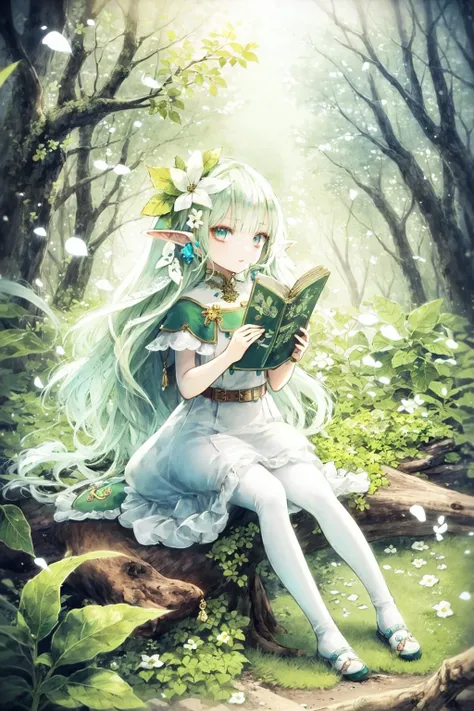 (masterpiece,best quality,illustration,official art:1.05),(tachi-e:1.12),full body,sitting,looking at viewer,solo,1girl,elf girl,long hair,green hair,[green|blue] eyes,dress,white hair flower,hair ornament,(age8),(),wind,leaf,tree,forest,  <lora:CuteGothicFashion_2:1>