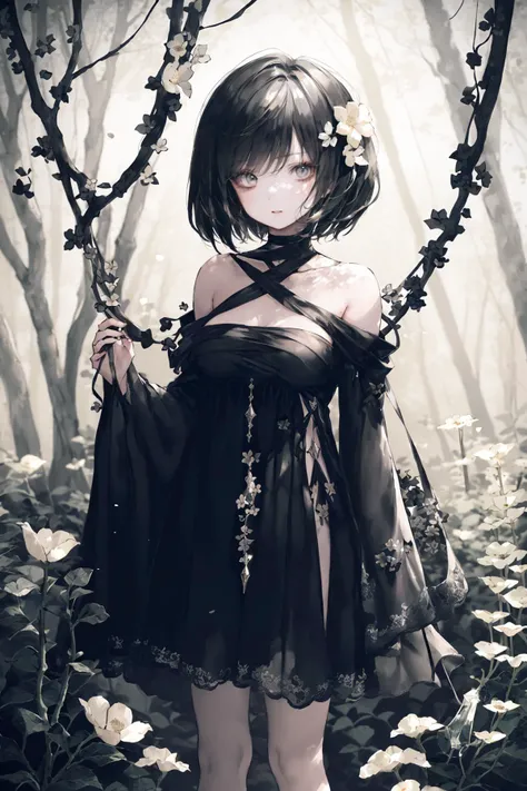 (best quality, masterpiece), (1girl, solo, brown eyes, black hair, short curved bob, small breasts),wariza, (enchanting forest mage dressed in a gown made of intertwining vines and blooming flowers), (despair:1.3), (limited pallete),(perfect composition),(heavy Monochrome:0.9), <lora:CuteGothicFashion_2:1>