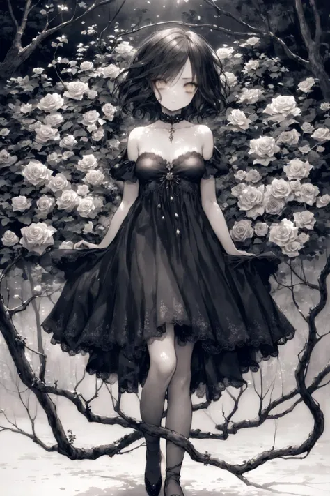 (best quality, masterpiece), (1girl, solo, brown eyes, black hair, short curved bob, small breasts),wariza,
(enchanting forest mage dressed in a gown made of intertwining vines and blooming flowers), (despair:1.3),
(limited pallete),(perfect composition),(heavy Monochrome:0.9), <lora:CuteGothicFashion1.1:1>