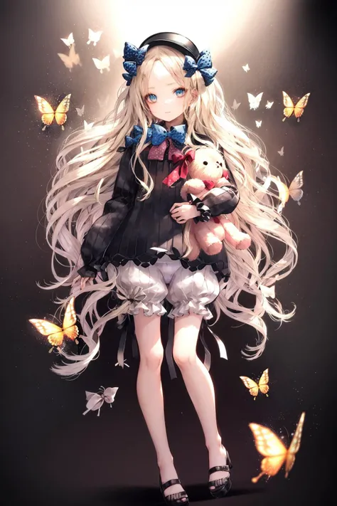 1girl, solo, butterfly, long hair, abigail williams (fate), bug, bow, orange bow, blonde hair, hair bow, sleeves past wrists, stuffed animal, hat, parted bangs, black bow, stuffed toy, teddy bear, dress, blue eyes, bangs, very long hair, object hug, long sleeves, black headwear, sleeves past fingers, black dress, polka dot bow, shoes, underwear, polka dot, white bloomers, bloomers, looking at viewer, black footwear, closed mouth, mary janes, head tilt, forehead, holding stuffed toy, dutch angle, blush, holding<lora:CuteGothicFashion_2:1>