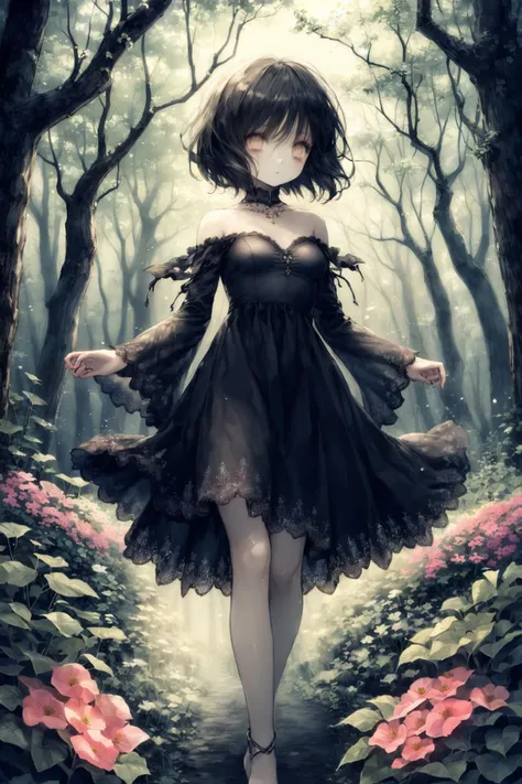 (best quality, masterpiece), (1girl, solo, brown eyes, black hair, short curved bob, small breasts),wariza,
(enchanting forest mage dressed in a gown made of intertwining vines and blooming flowers), (despair:1.3),
(limited pallete),(perfect composition),(heavy Monochrome:0.9), <lora:CuteGothicFashion1.1:1>