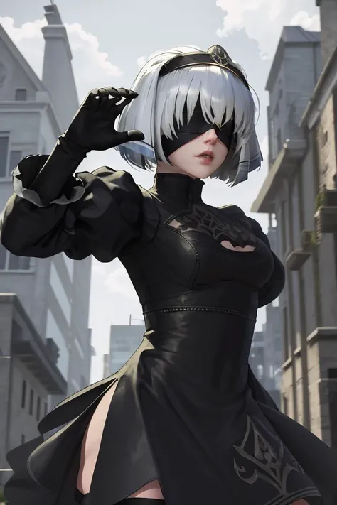 2b, arms behind head, long_hair, looking_at_viewer, thighhighs, bow, bound, bdsm, bondage, rope, restrained, gag, shibari, bound_arms, ball_gag, shibari_over_clothes