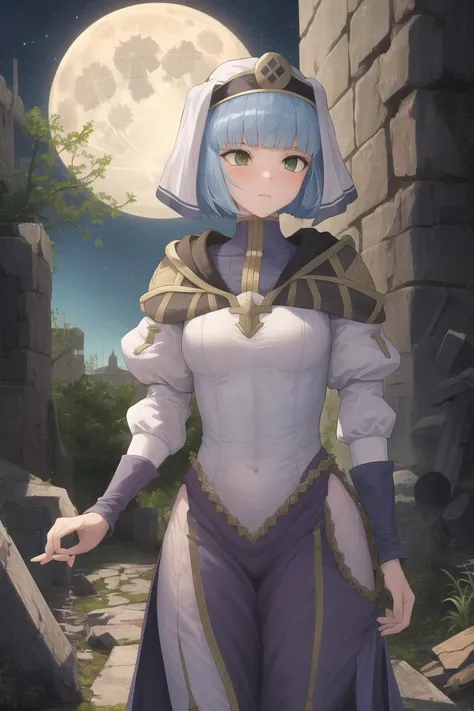 masterpiece, best quality, absurdres, <lora:silque_fe_v1:1>, silque \(fire emblem\), ruins, post-apocalypse, starry sky, full moon,