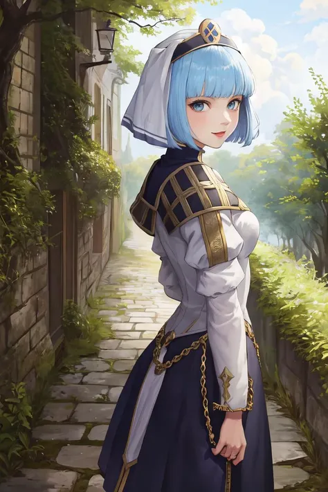 masterpiece, best quality, absurdres, <lora:silque_fe_v1:1>, silque,
1girl, solo, :p, looking at viewer, from side, cowboy shot, cobblestone, path, field, tree, walking, back, back ribbon