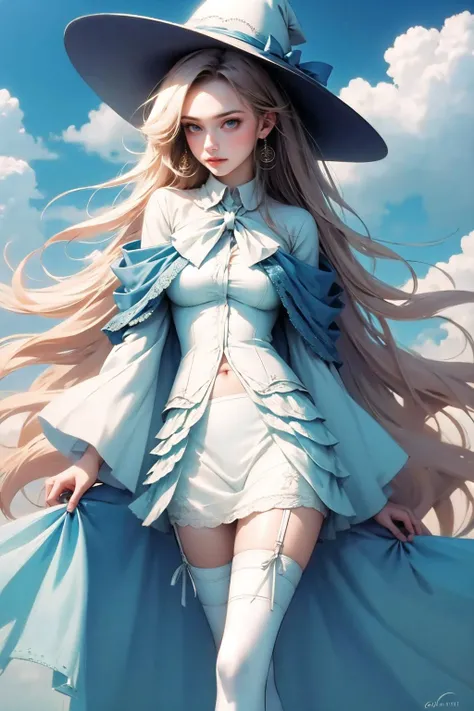 <lora:carina-nvwls-v1:0.85>, carina verritti, hat, earrings, dress, ribbon blue skirt, see-through, garter straps, thighhighs,