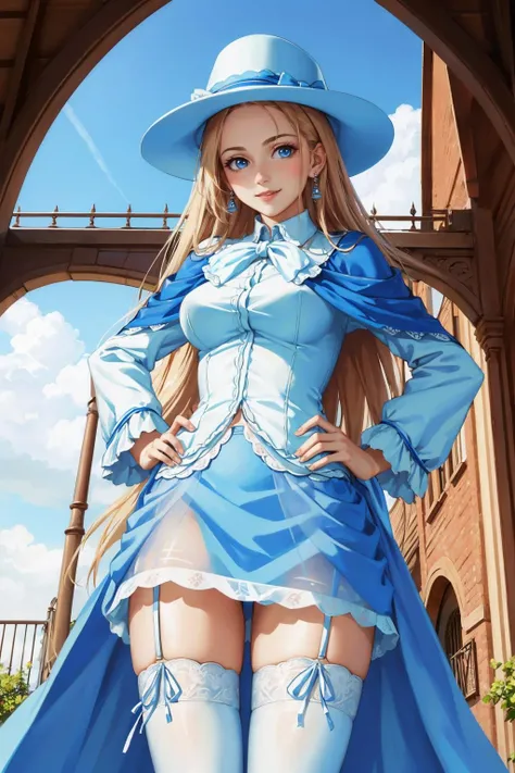 masterpiece, best quality, <lora:carina-nvwls-v1-000009:0.8> carina veritti, hat, earrings, dress, ribbon blue skirt, see-through, garter straps, thighhighs, cowboy shot, looking at viewer, hands to hips, head tilt, smile, from below, victorian architecture