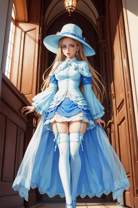 masterpiece, best quality, <lora:carina-nvwls-v1-000009:0.9> carina veritti, hat, earrings, dress, ribbon blue skirt, see-through, garter straps, thighhighs, shoes, hallway, victorian architecture, from below, :o, hands to mouth, looking at viewer, surprised