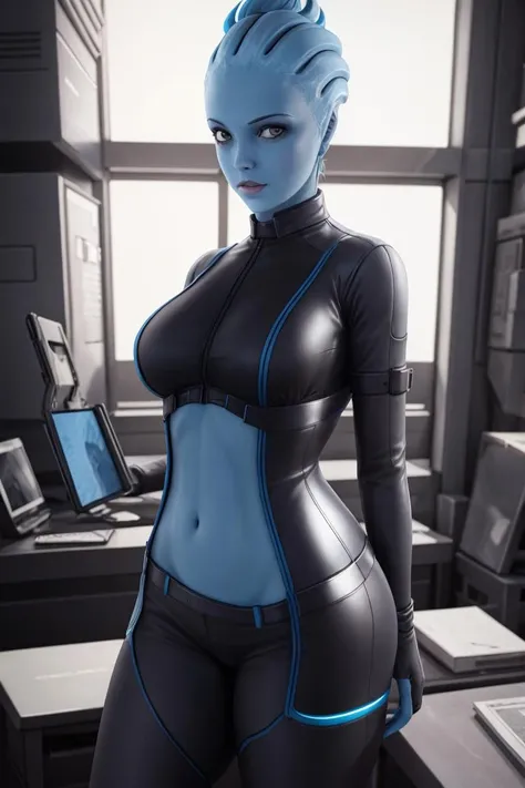 <lora:VRAMsLiaraX150:0.5>, xyzliara, 1girl, standing, bodysuit, upper body, science fiction, looking at viewer, (monster girl, blue skin), cute face, dramatic lighting, wallpaper, intricate, sharp focus, ray tracing, rtx, professionally color graded, professional photography, masterpiece, ultra detailed, high quality, best quality, 4k, 8k, solo, 3d render