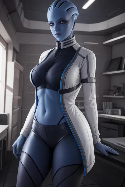 <lora:VRAMsLiaraX150:0.5>, xyzliara, 1girl, standing, bodysuit, upper body, science fiction, looking at viewer, (monster girl, blue skin), cute face, dramatic lighting, wallpaper, intricate, sharp focus, ray tracing, rtx, professionally color graded, professional photography, masterpiece, ultra detailed, high quality, best quality, 4k, 8k, solo, 3d render