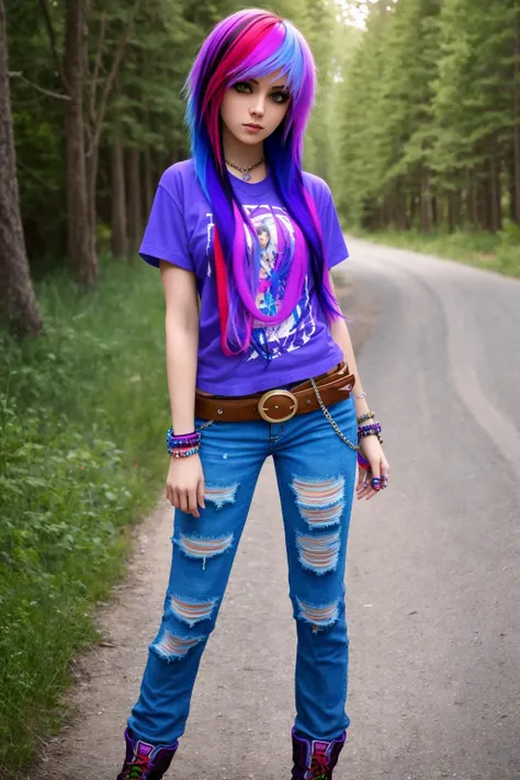 4K, Masterpiece, highres, absurdres,with a edgScene hairstyle, 1girl, solo, long hair, shirt, gloves, jewelry, standing, purple hair, multicolored hair, outdoors, belt, pants, bracelet, two-tone hair, torn clothes, denim, t-shirt, realistic, torn pants
<lora:EDGHAIRSALON_edgScene:0.75>