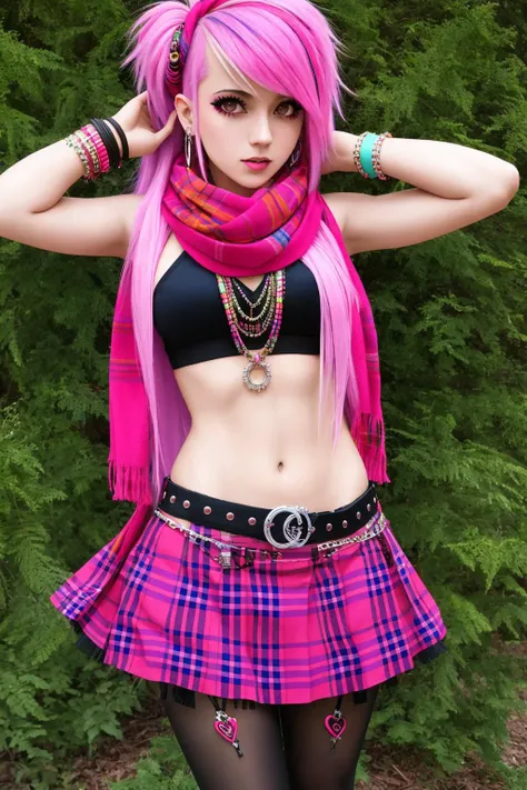 4K, Masterpiece, highres, absurdres,with a edgScene hairstyle, 1girl, solo, long hair, skirt, navel, jewelry, pink hair, pantyhose, multicolored hair, midriff, miniskirt, scarf, two-tone hair, plaid, ring, fashion
<lora:EDGHAIRSALON_edgScene:0.75>