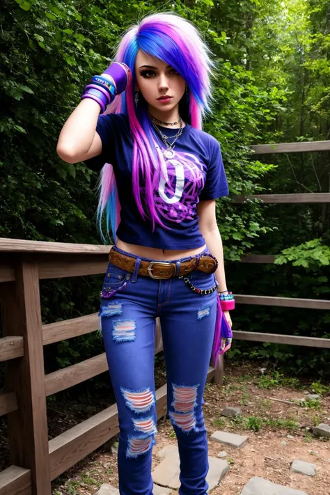 4K, Masterpiece, highres, absurdres,with a edgScene hairstyle, 1girl, solo, long hair, shirt, gloves, jewelry, standing, purple hair, multicolored hair, outdoors, belt, pants, bracelet, two-tone hair, torn clothes, denim, t-shirt, realistic, torn pants
<lora:EDGHAIRSALON_edgScene:0.75>