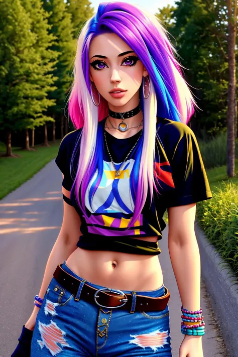 4K, Masterpiece, highres, absurdres,with a edgScene hairstyle, 1girl, solo, long hair, shirt, gloves, jewelry, standing, purple hair, multicolored hair, outdoors, belt, pants, bracelet, two-tone hair, torn clothes, denim, t-shirt, realistic, torn pants
<lora:EDGHAIRSALON_edgScene:0.75>
