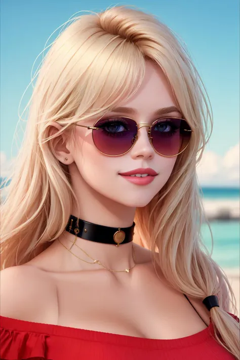8K, Masterpiece, highres, absurdres,
edgBardot_hairstyle,smiling, puffy lips, red lipstick, parted lips, blonde Nadia with sunglasses and a choker, off shoulder, turtleneck
<lora:edgBardot:0.75> <lora:Nadia:0.35>