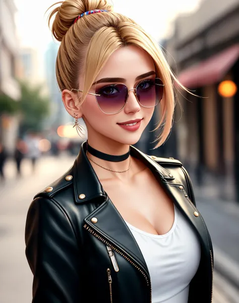 4K, Masterpiece, highres, absurdres,natural volumetric lighting and best shadows, deep depth of field, sharp focus, smiling,soft delicate beautiful attractive face,
Nadia with sunglasses and a choker,leather jacket, smile, bicolor hair, two-tone hair, makeup, lipstick, with a edgLevitating_hairstyle,top knot,
, cowboy shot, walking in the street,
<lora:edgLevitating:0.5> <lora:Nadia:0.35>
