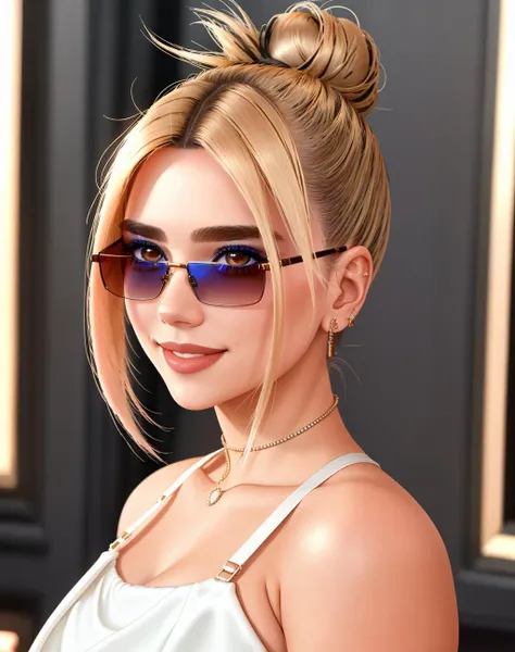 4K, Masterpiece, highres, absurdres,natural volumetric lighting and best shadows, deep depth of field, sharp focus, smiling,soft delicate beautiful attractive face,
Nadia with sunglasses and a choker,leather jacket, smile, bicolor hair, two-tone hair, makeup, lipstick, with a edgLevitating_hairstyle,top knot,
, cowboy shot, walking in the street,
<lora:edgLevitating:0.9> <lora:Nadia:0.35>